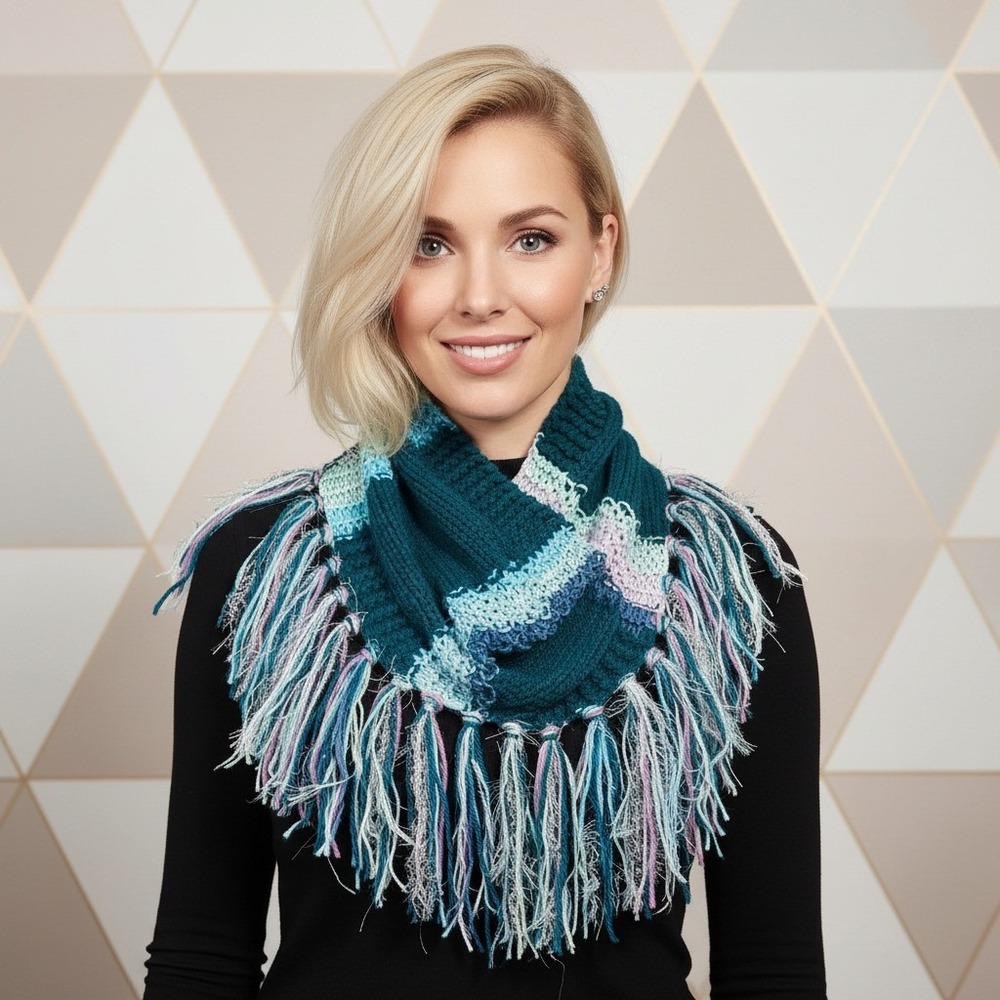 NEW Hand Knitted Teal Blue Lavender Boho Cowl Scarf Fringe Cottage Boho Whimsyโ